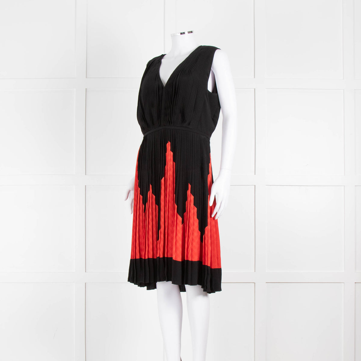 Martin Grant Black & Red Silk Micro Pleated Sleeveless Dress