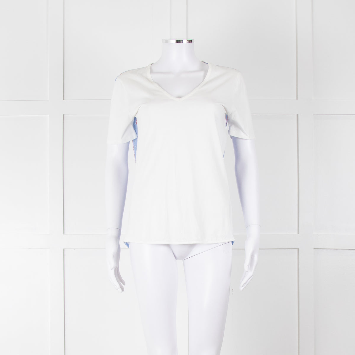 Sandro White V Neck T Shirt With Blue & White Stripe Back