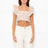 Lug Von Siga Neutral Linen Orange Pink Rose Print Lace Trim Crop Top