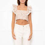 Lug Von Siga Neutral Linen Orange Pink Rose Print Lace Trim Crop Top