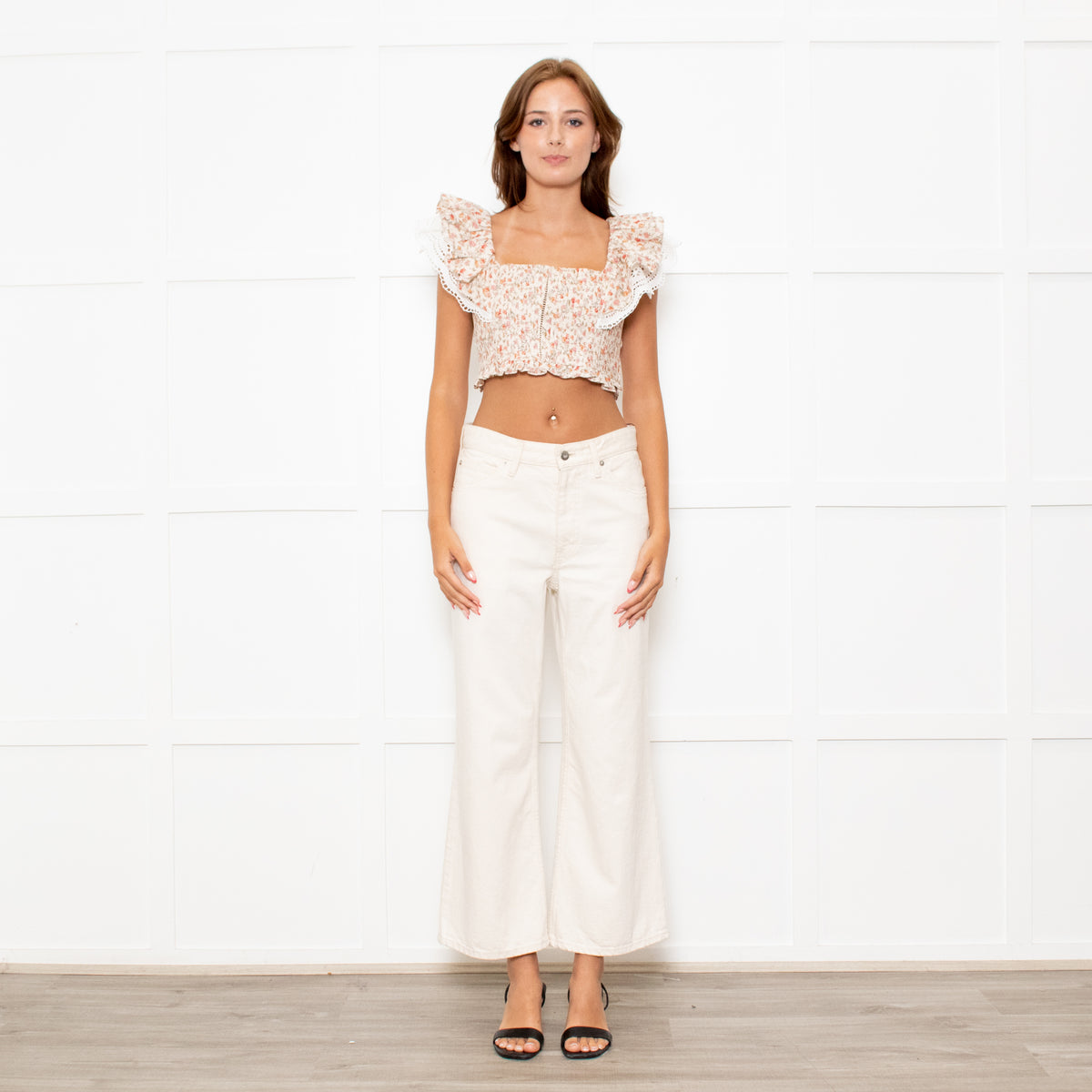 Lug Von Siga Neutral Linen Orange Pink Rose Print Lace Trim Crop Top