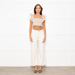 Lug Von Siga Neutral Linen Orange Pink Rose Print Lace Trim Crop Top