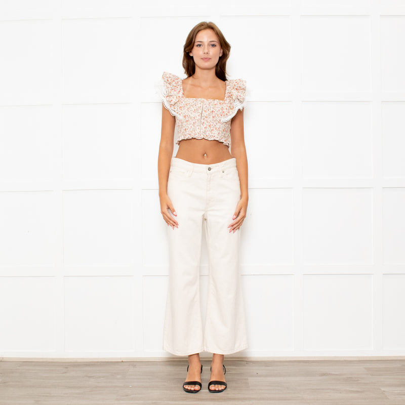 Lug Von Siga Neutral Linen Orange Pink Rose Print Lace Trim Crop Top
