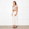 Lug Von Siga Neutral Linen Orange Pink Rose Print Lace Trim Crop Top