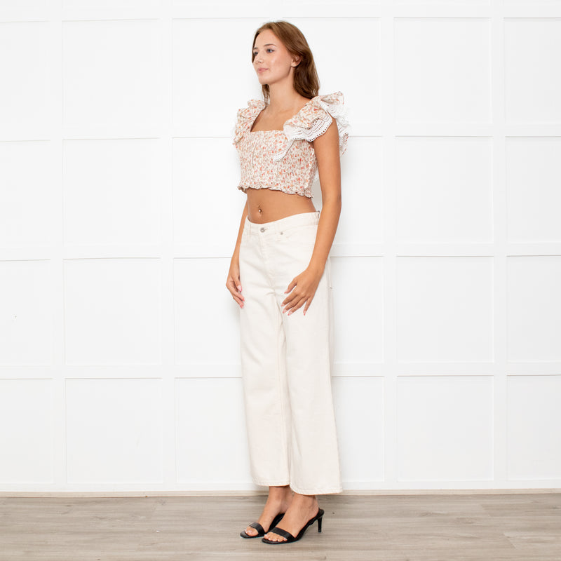Lug Von Siga Neutral Linen Orange Pink Rose Print Lace Trim Crop Top