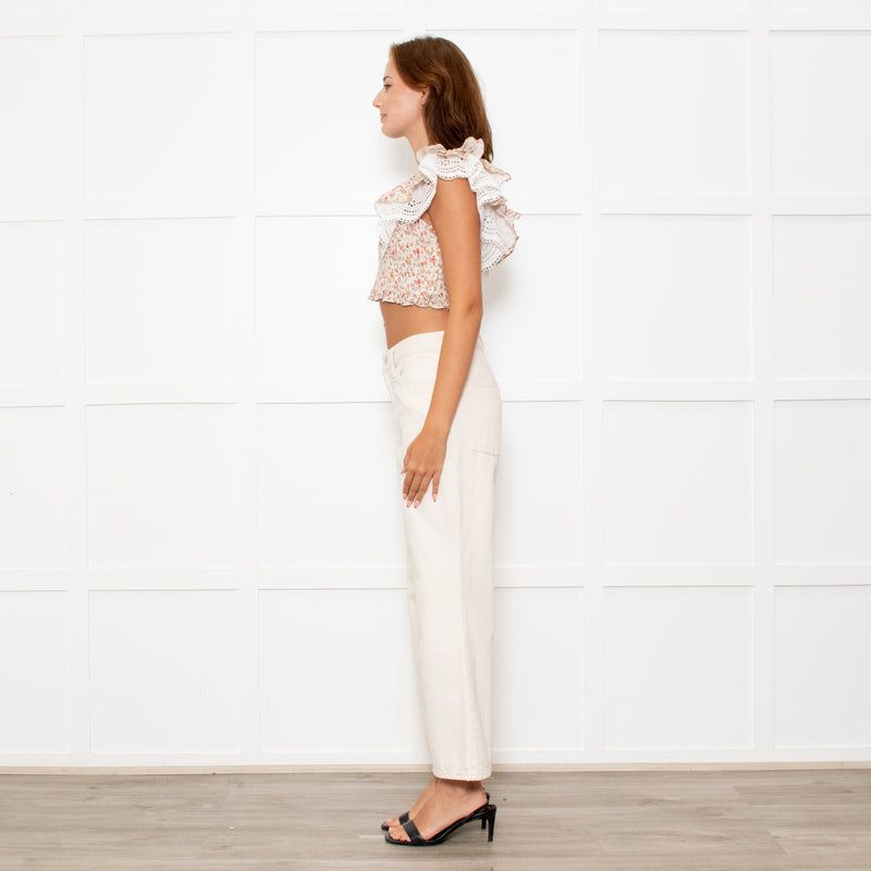 Lug Von Siga Neutral Linen Orange Pink Rose Print Lace Trim Crop Top