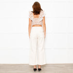Lug Von Siga Neutral Linen Orange Pink Rose Print Lace Trim Crop Top