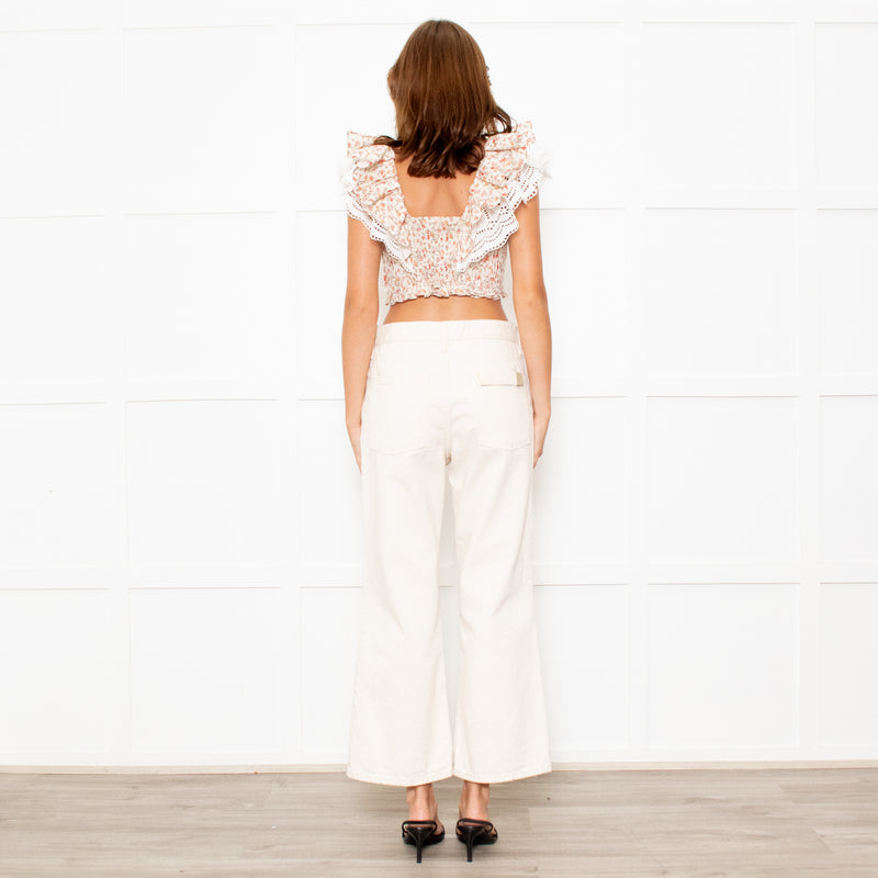Lug Von Siga Neutral Linen Orange Pink Rose Print Lace Trim Crop Top