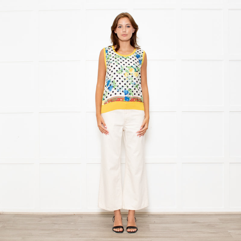Dolce & Gabbana Yellow Cream Black Polka Dot Rose Print Top