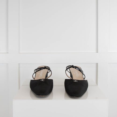 Chanel Black Strappy Block Heel Fabric Shoe