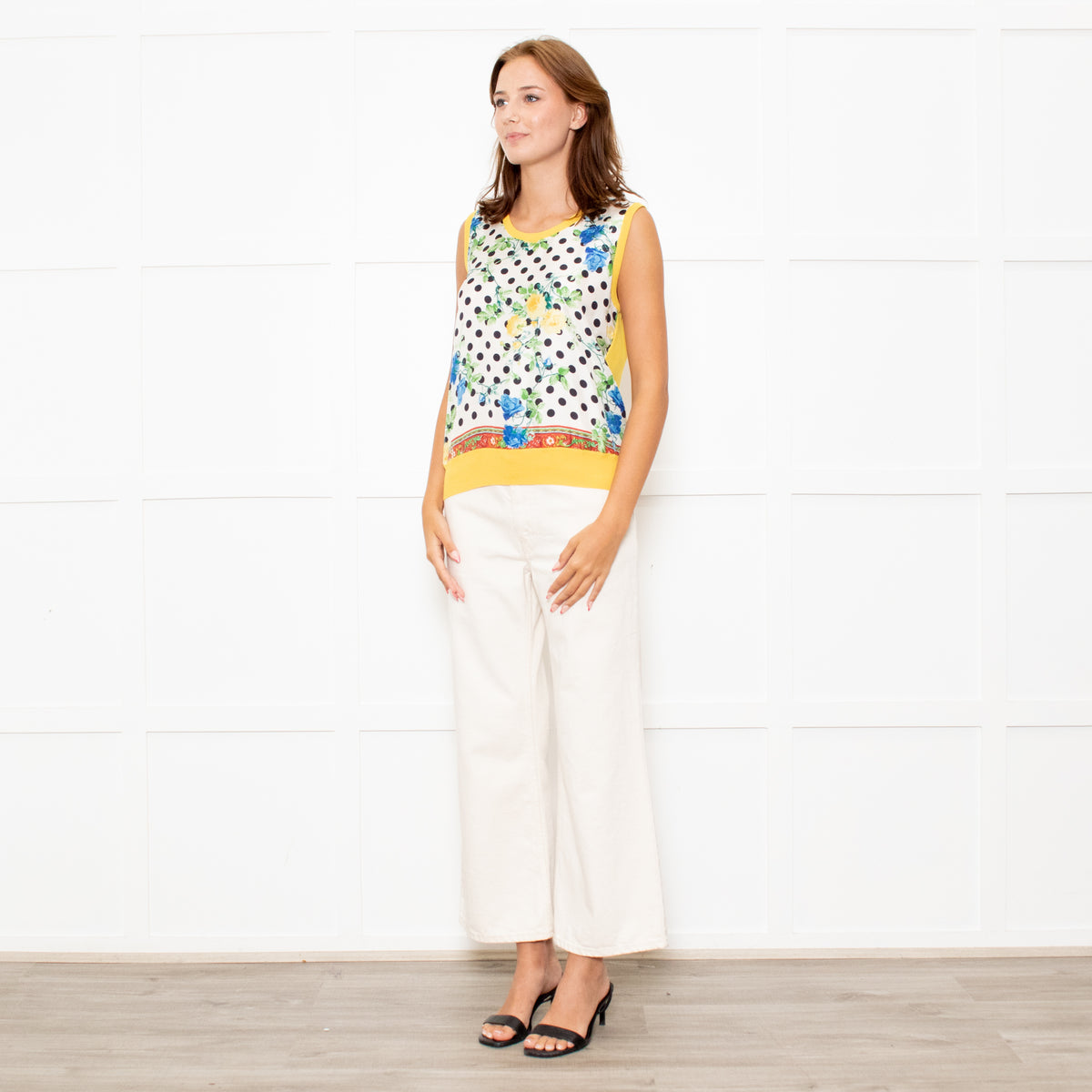 Dolce & Gabbana Yellow Cream Black Polka Dot Rose Print Top