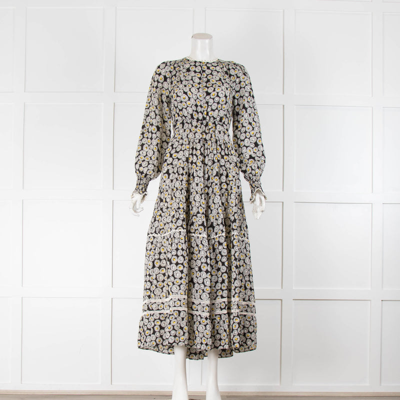 Me & Em Black Camomile Print Multi Tiered Belted Maxi Dress