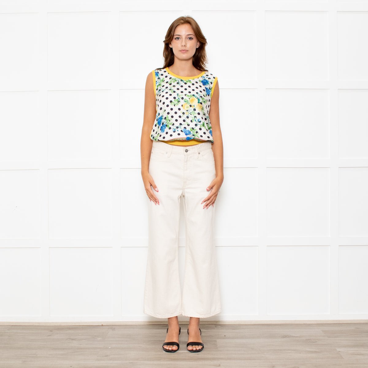 Dolce & Gabbana Yellow Cream Black Polka Dot Rose Print Top