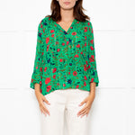 Ba&sh Green Red Navy Flower Lurex Stripe Blouse