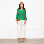 Ba&sh Green Red Navy Flower Lurex Stripe Blouse