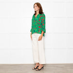 Ba&sh Green Red Navy Flower Lurex Stripe Blouse