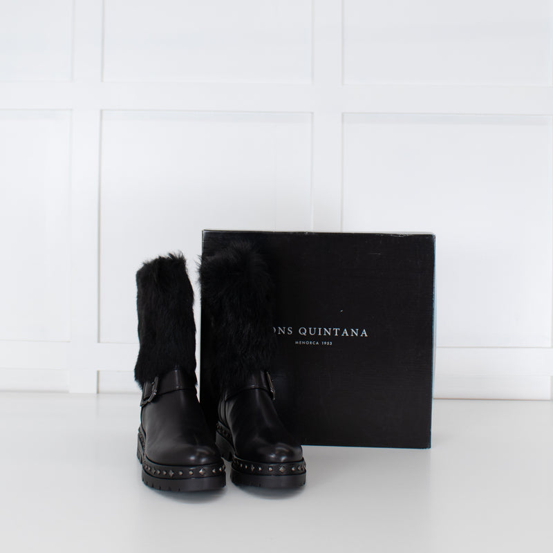 Pons Quintana Black Calf Length Boot With Fur Trim