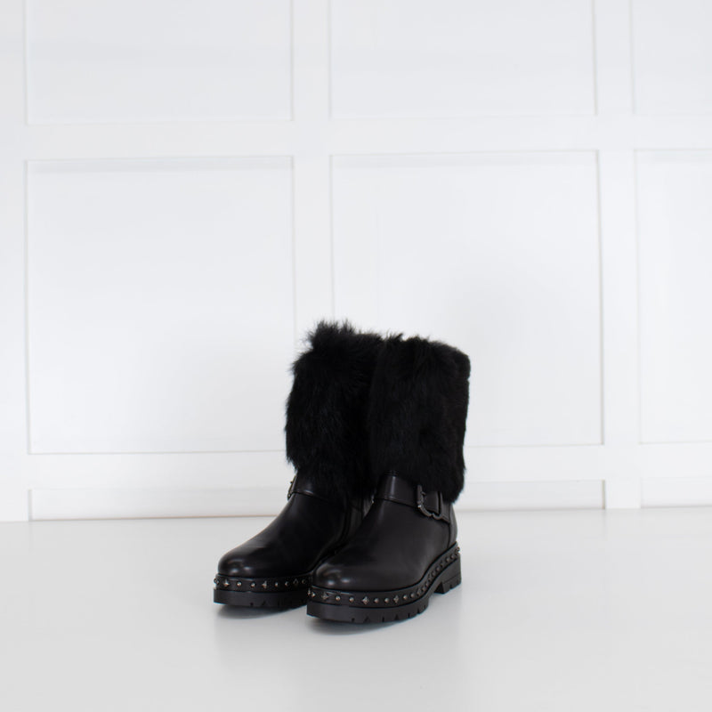 Pons Quintana Black Calf Length Boot With Fur Trim