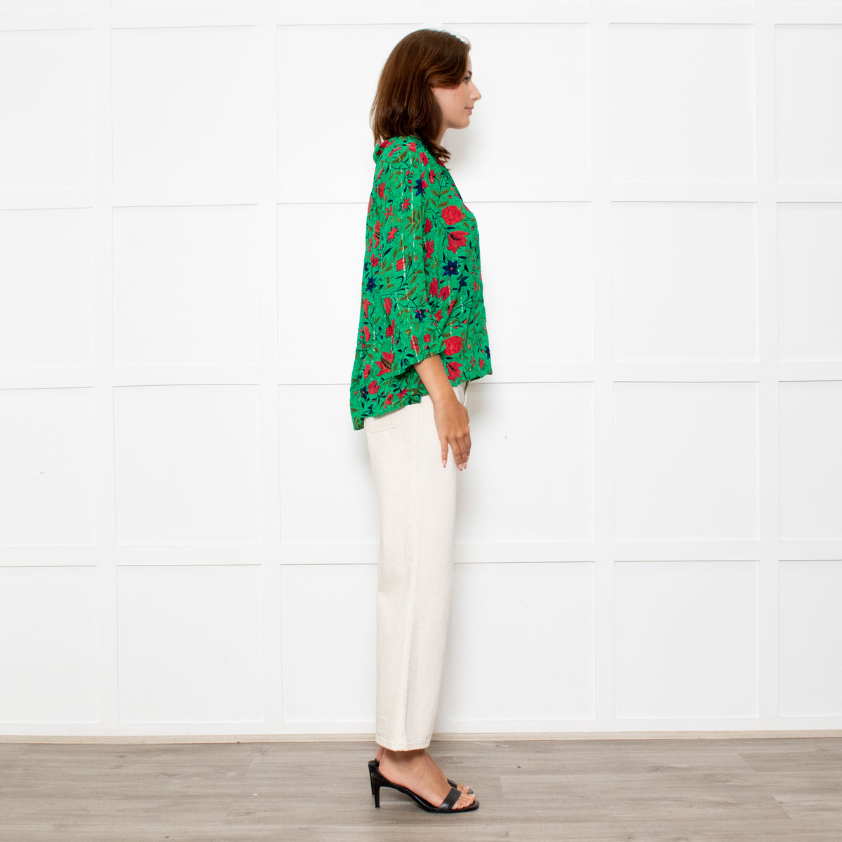 Ba&sh Green Red Navy Flower Lurex Stripe Blouse