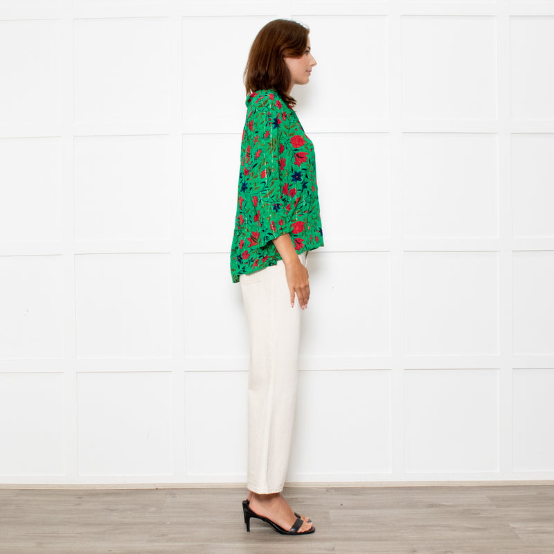 Ba&sh Green Red Navy Flower Lurex Stripe Blouse