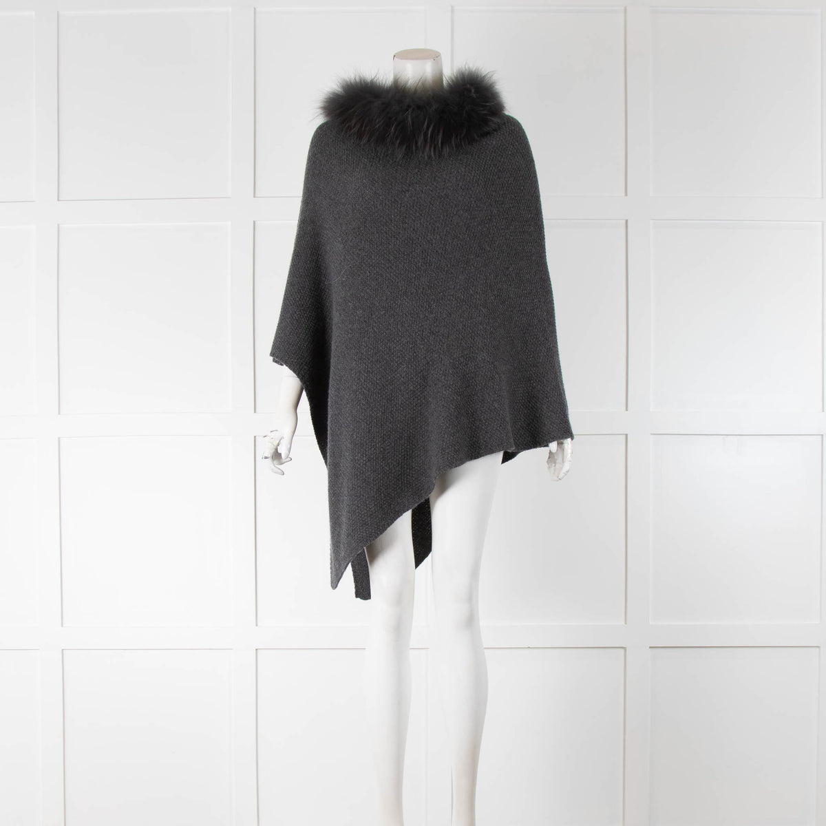 Mala Alisha Grey Knit Poncho With Fur Neck