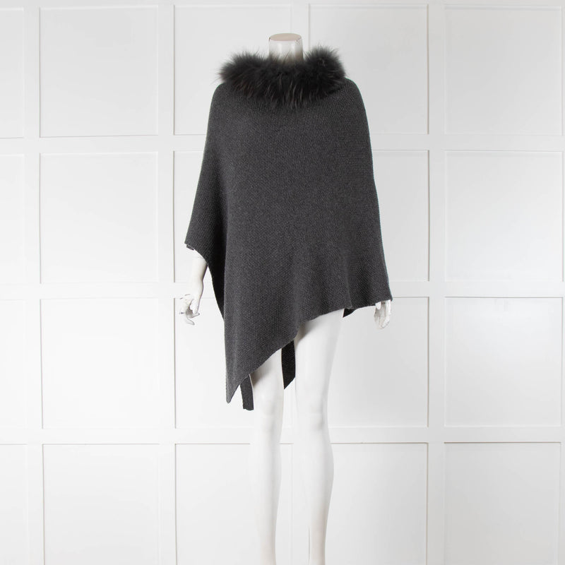 Mala Alisha Grey Knit Poncho With Fur Neck