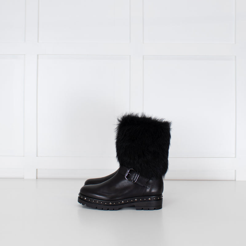 Pons Quintana Black Calf Length Boot With Fur Trim