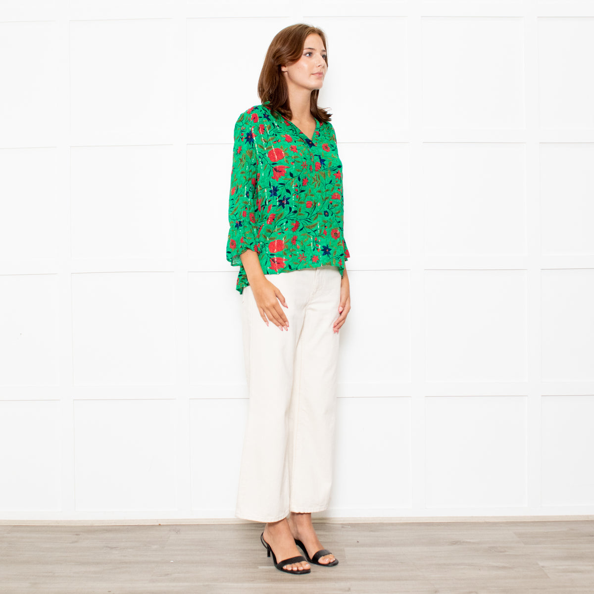 Ba&sh Green Red Navy Flower Lurex Stripe Blouse