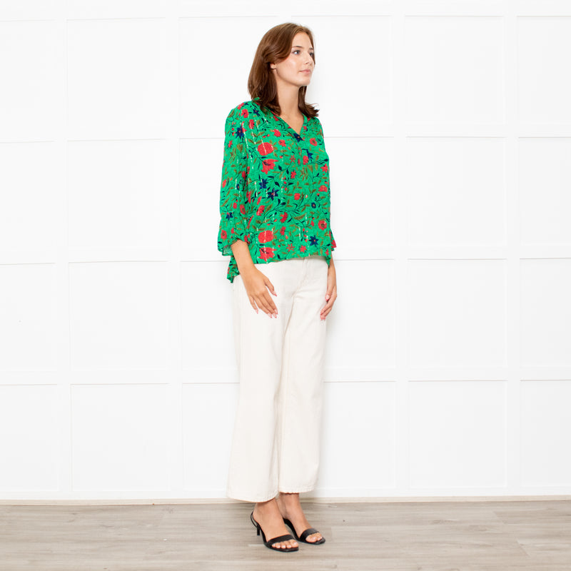 Ba&sh Green Red Navy Flower Lurex Stripe Blouse