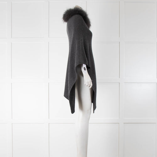 Mala Alisha Grey Knit Poncho With Fur Neck