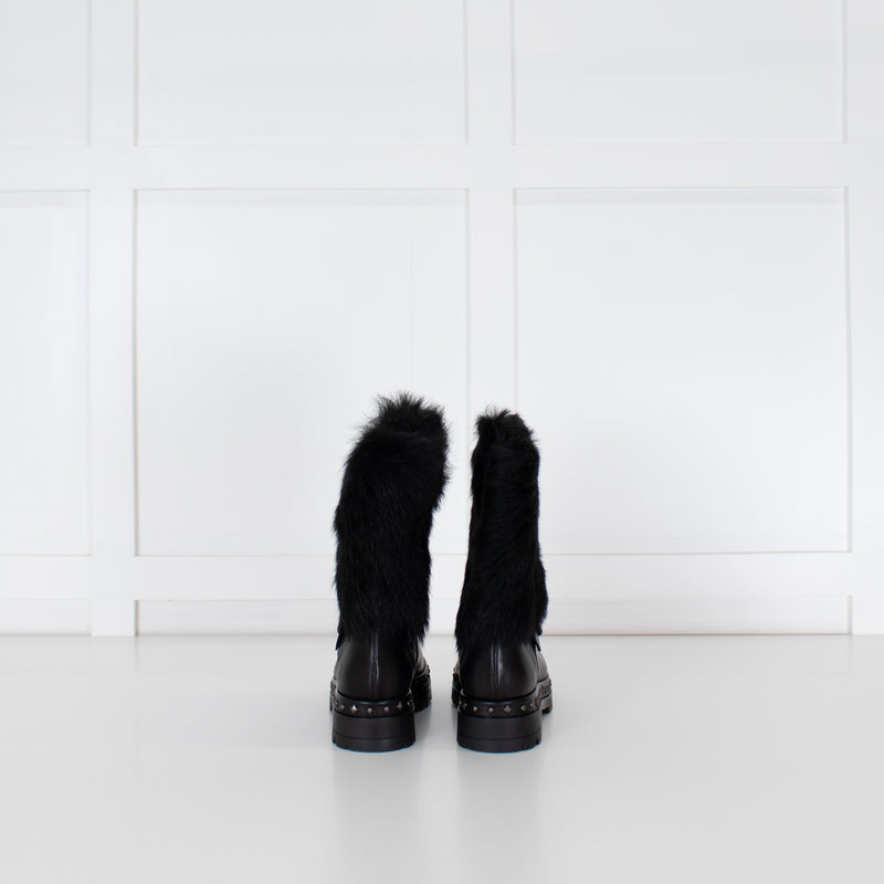 Pons Quintana Black Calf Length Boot With Fur Trim