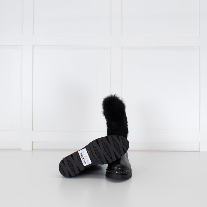 Pons Quintana Black Calf Length Boot With Fur Trim