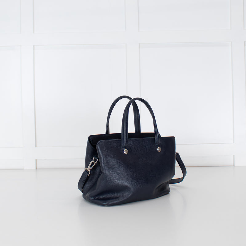 Longchamp Navy Blue Grainy Leather Le Foulonne Bag