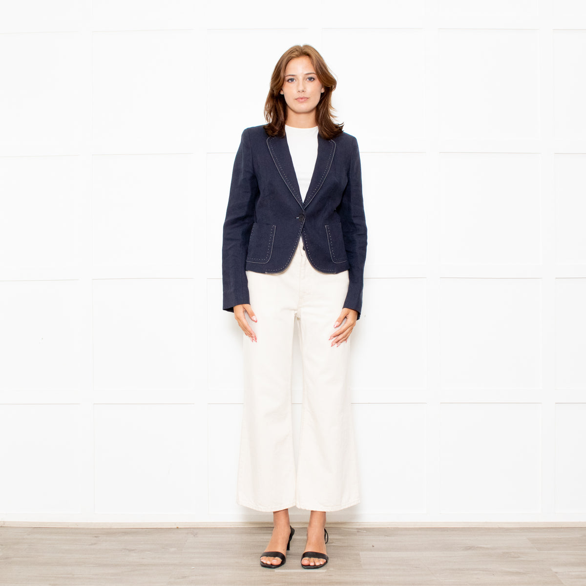 Max Mara Navy Blue Linen Stitch Detail Jacket