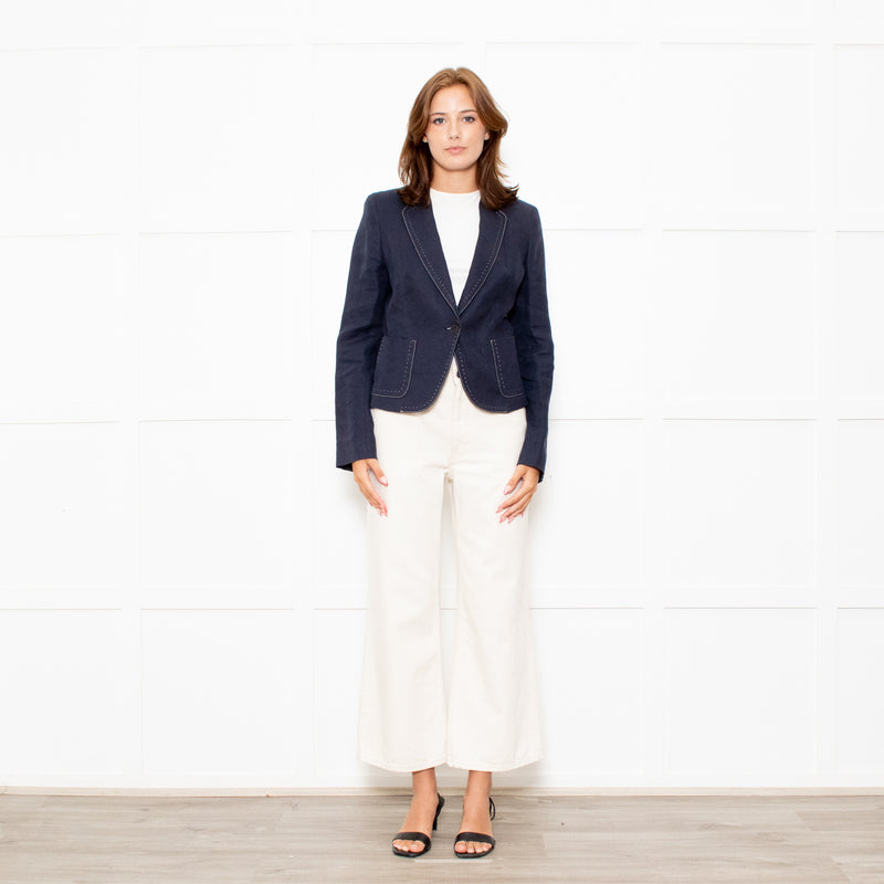Max Mara Navy Blue Linen Stitch Detail Jacket