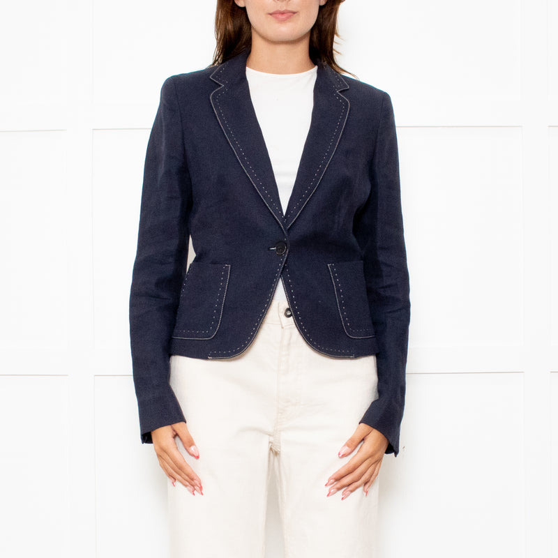 Max Mara Navy Blue Linen Stitch Detail Jacket