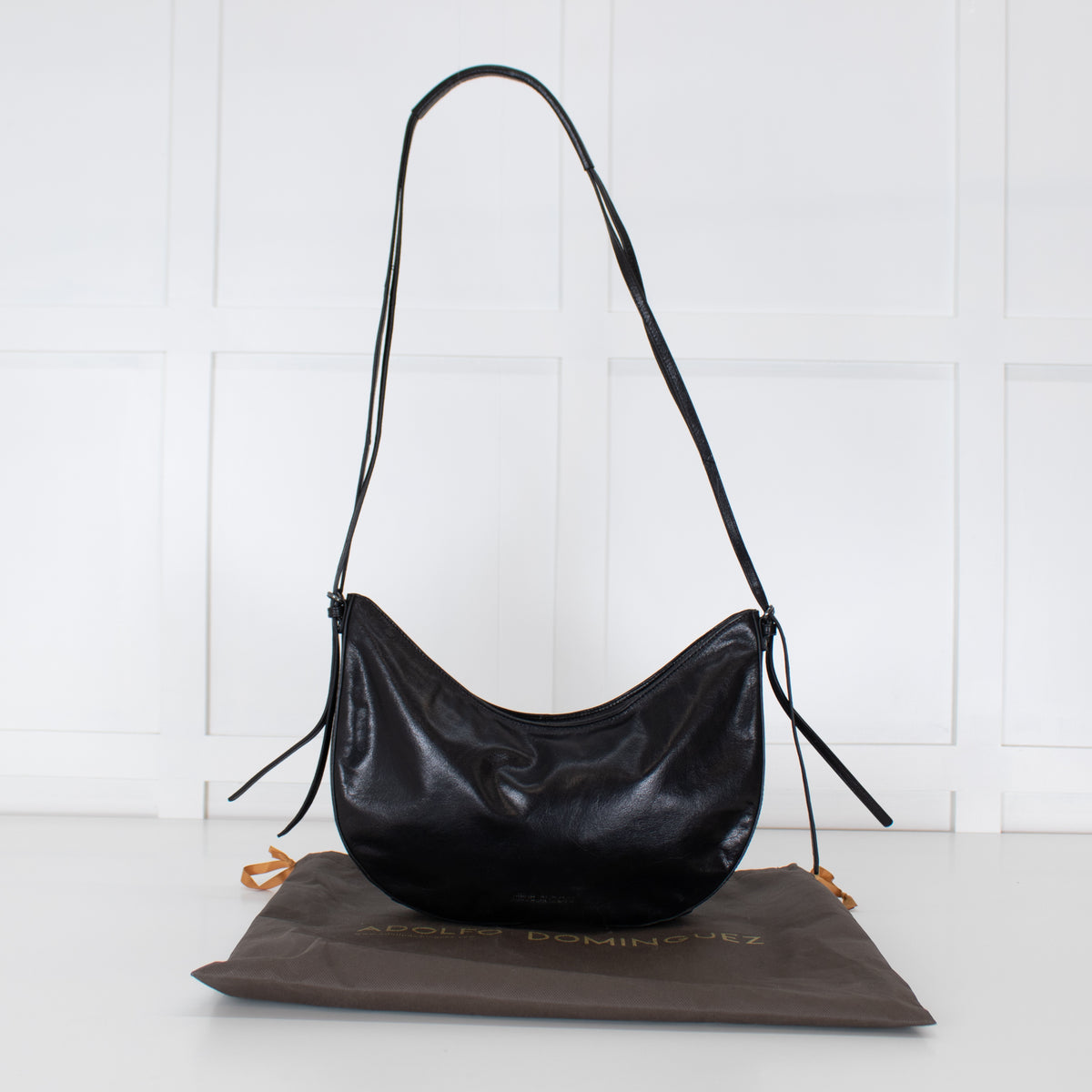 Adolfo Dominguez Black Leather Half Moon Crossbody Bag