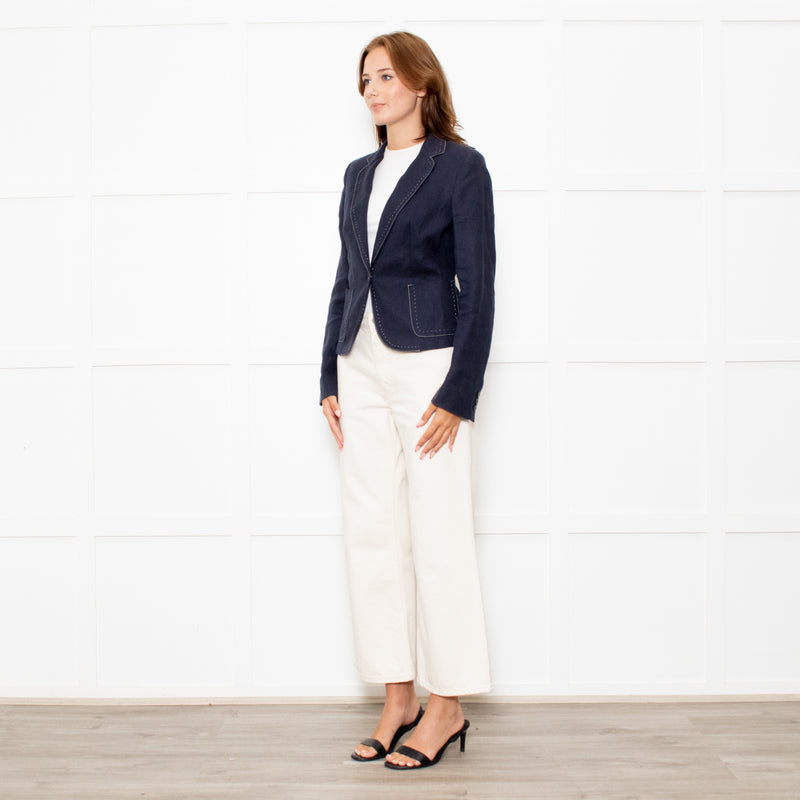 Max Mara Navy Blue Linen Stitch Detail Jacket