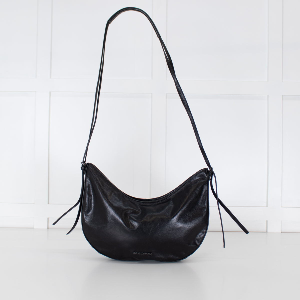 Adolfo Dominguez Black Leather Half Moon Crossbody Bag