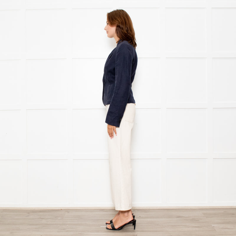 Max Mara Navy Blue Linen Stitch Detail Jacket