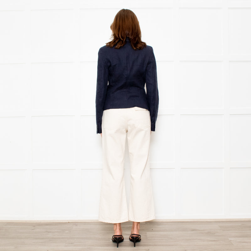 Max Mara Navy Blue Linen Stitch Detail Jacket