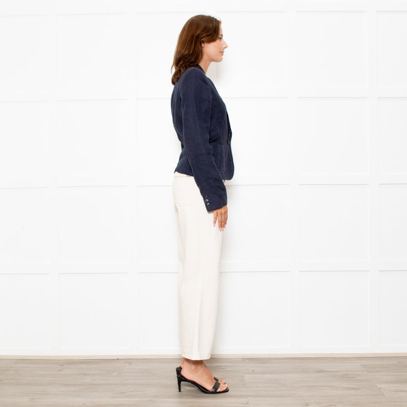 Max Mara Navy Blue Linen Stitch Detail Jacket