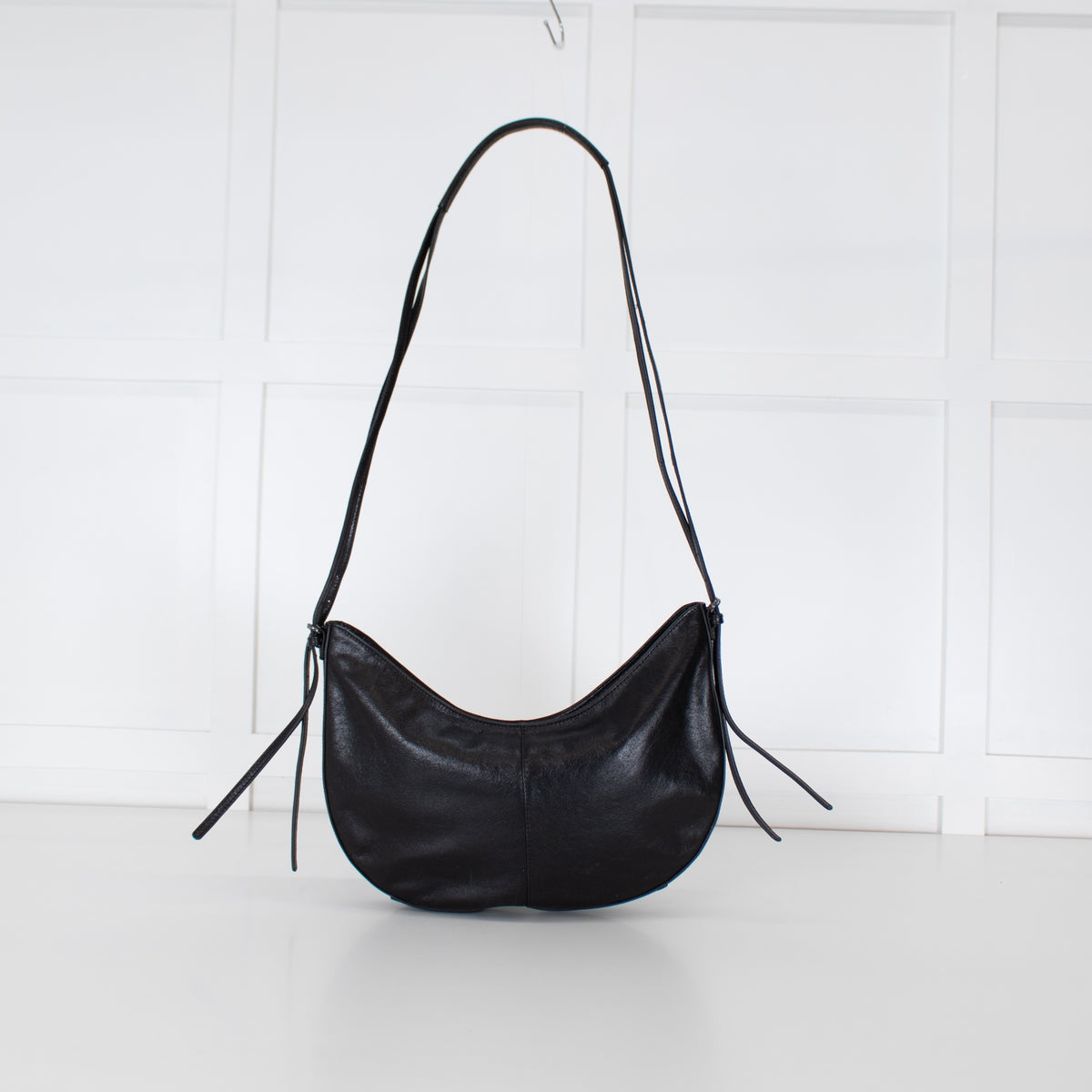 Adolfo Dominguez Black Leather Half Moon Crossbody Bag