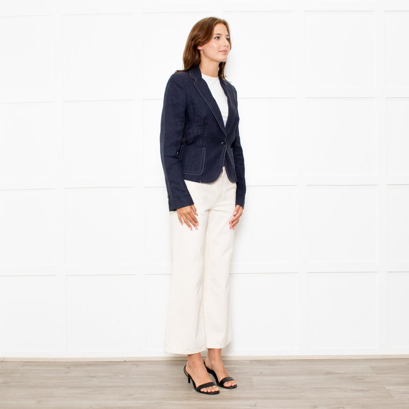 Max Mara Navy Blue Linen Stitch Detail Jacket