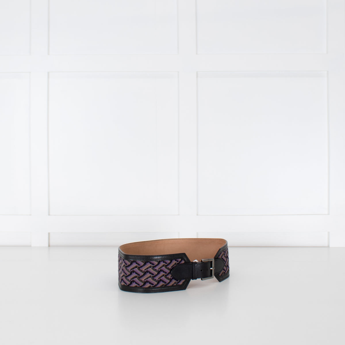 Missoni Black Purple Zig Zag Leather Trim Wide Belt