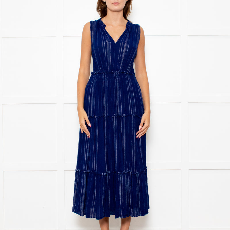 Rails Navy Blue Shirred Waist Sleeveless Midi Dress