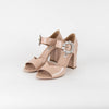 Miu Miu Beige Patent Silver Crystal Buckle Block Heel Sandals