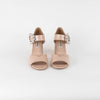 Miu Miu Beige Patent Silver Crystal Buckle Block Heel Sandals