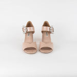 Miu Miu Beige Patent Silver Crystal Buckle Block Heel Sandals