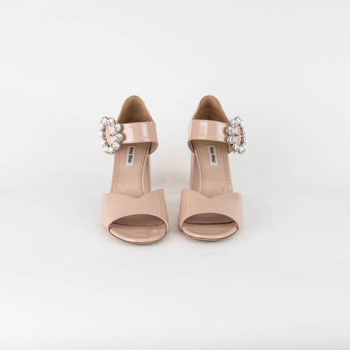 Miu Miu Beige Patent Silver Crystal Buckle Block Heel Sandals
